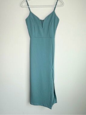 Windsor Thigh Slit Fitted Teal Blue Midi Dress